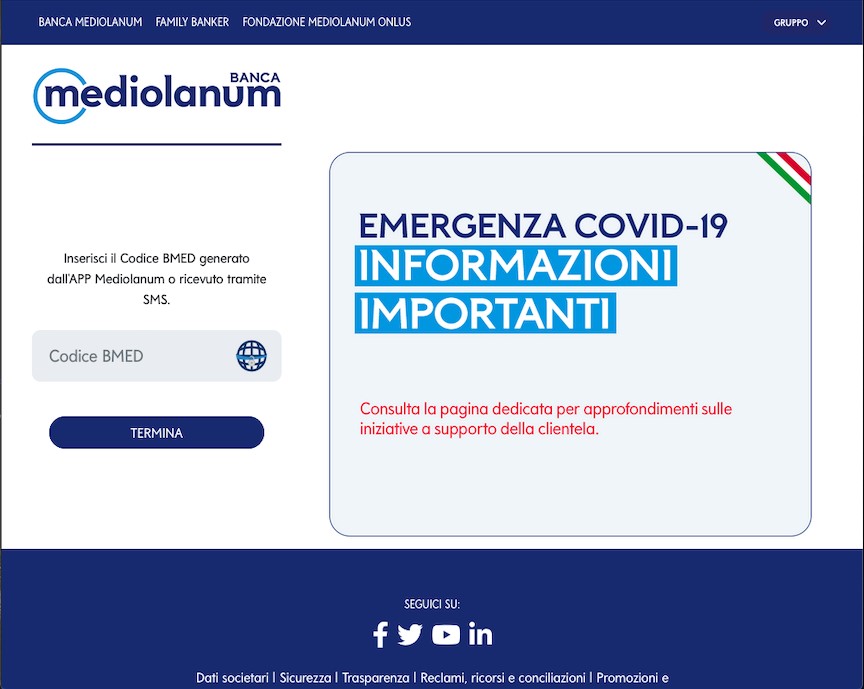 Banca Mediolanum - Landing page falsa (phishing) - richiesta OTP